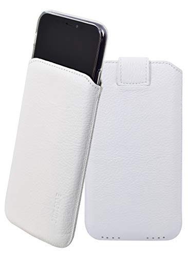 Suncase ECHT Leder Tasche kompatibel mit iPhone 11 Pro Max (6.5") mit ZUSÄTZLICHER Transparent Hülle | Schale | Silikon Bumper Handytasche (mit Rückzugsfunktion und Magnetverschluss) in Weiss von Suncase