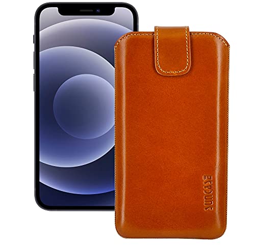 Suncase ECHT Leder Tasche kompatibel mit iPhone 12 (6.1") mit ZUSÄTZLICHER Transparent Hülle | Schale | Silikon Bumper Handytasche (mit Rückzugsfunktion und Magnetverschluss) in Cognac von Suncase