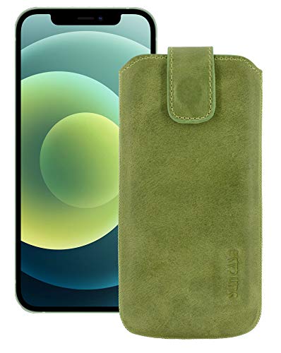 Suncase ECHT Leder Tasche kompatibel mit iPhone 12 (6.1") mit ZUSÄTZLICHER Transparent Hülle | Schale | Silikon Bumper Handytasche (mit Rückzugsfunktion und Magnetverschluss) in antik Kiwi grün von Suncase