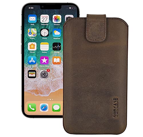 Suncase ECHT Leder Tasche kompatibel mit iPhone 13 (6.1") mit ZUSÄTZLICHER Transparent Hülle | Schale | Silikon Bumper Handytasche (mit Rückzugsfunktion und Magnetverschluss) in antik braun von Suncase