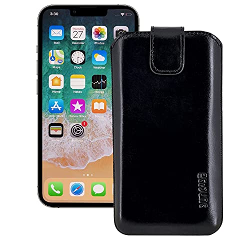 Suncase ECHT Leder Tasche kompatibel mit iPhone 13 PRO (6,1 Zoll) mit ZUSÄTZLICHER Transparent Hülle | Schale | Silikon Bumper Handytasche (mit Rückzugsfunktion und Magnetverschluss) in schwarz von Suncase