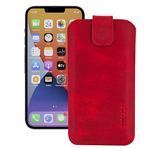 Suncase ECHT Leder Tasche kompatibel mit iPhone 14 (6,1 Zoll) mit ZUSÄTZLICHER Transparent Hülle | Schale | Silikon Bumper Handytasche (mit Rückzugsfunktion und Magnetverschluss) in antik rot von Suncase