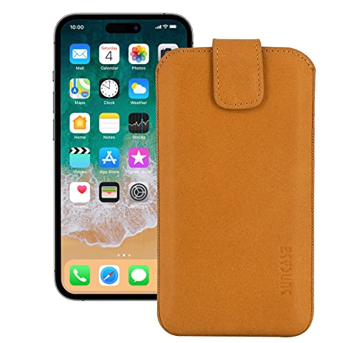 Suncase ECHT Leder Tasche kompatibel mit iPhone 14 Pro (6,1 Zoll) mit ZUSÄTZLICHER Transparent Hülle | Schale | Silikon Bumper Handytasche (mit Rückzugsfunktion und Magnetverschluss) in antik Camel von Suncase