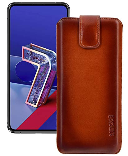 Suncase ECHT Ledertasche Leder Etui *Slim-Edition* kompatibel mit Asus ZenFone 7 Pro Hülle (mit Rückzugsfunktion und Magnetverschluss) in Burned Cognac von Suncase