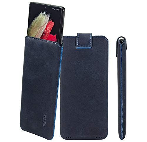 Suncase ECHT Ledertasche Leder Etui *Slim-Edition* kompatibel mit Emporia SMART 6 Hülle (mit Rückzugsfunktion und Magnetverschluss) in Pebble-Blue von Suncase