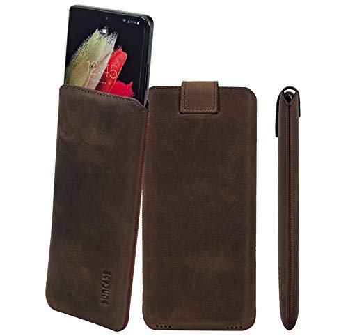 Suncase ECHT Ledertasche Leder Etui *Slim-Edition* kompatibel mit HMD Fusion Hülle (mit Rückzugsfunktion und Magnetverschluss) in antik-dunkel braun von Suncase