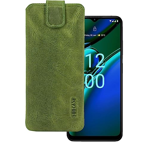 Suncase ECHT Ledertasche Leder Etui *Slim-Edition* kompatibel mit Nokia G42 5G Hülle (mit Rückzugsfunktion und Magnetverschluss) in antik-Kiwi grün von Suncase