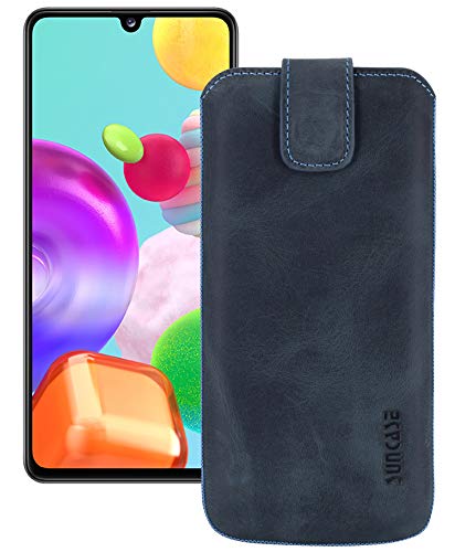 Suncase ECHT Ledertasche Leder Etui *Slim-Edition* kompatibel mit Samsung Galaxy A41 Hülle Tasche (mit Rückzugsfunktion und Magnetverschluss) in Pebble-Blue von Suncase