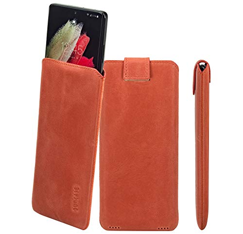 Suncase ECHT Ledertasche Leder Etui *Slim-Edition* kompatibel mit VIVO Y28s Hülle (mit Rückzugsfunktion und Magnetverschluss) in antik-lachsrosa von Suncase