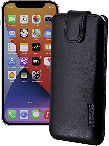 Suncase ECHT Ledertasche Leder Etui *Slim-Edition* kompatibel mit iPhone 13 Pro (6.1") Hülle (mit Rückzugsfunktion und Magnetverschluss) schwarz von Suncase