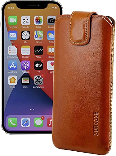 Suncase ECHT Ledertasche Leder Etui *Slim-Edition* kompatibel mit iPhone 13 Pro Max (6.7") Hülle (mit Rückzugsfunktion und Magnetverschluss) in Cognac von Suncase