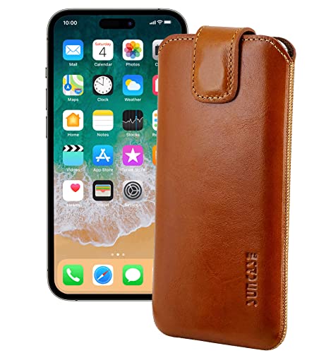 Suncase ECHT Ledertasche Leder Etui *Slim-Edition* kompatibel mit iPhone 14 (6.1") Hülle (mit Rückzugsfunktion und Magnetverschluss) in Cognac von Suncase