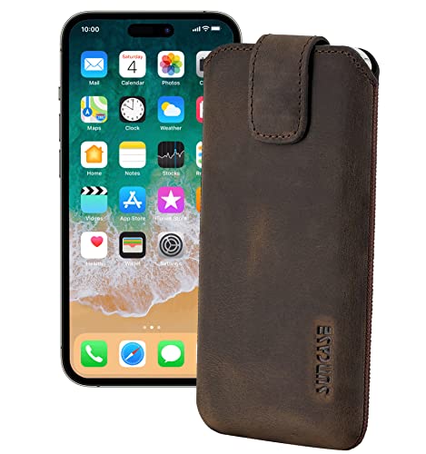 Suncase ECHT Ledertasche Leder Etui *Slim-Edition* kompatibel mit iPhone 14 Pro (6.1") Hülle (mit Rückzugsfunktion und Magnetverschluss) in antik-dunkel braun von Suncase