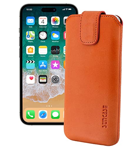 Suncase ECHT Ledertasche Leder Etui *Slim-Edition* kompatibel mit iPhone 14 Pro (6.1") Hülle (mit Rückzugsfunktion und Magnetverschluss) in antik-lachsrosa von Suncase