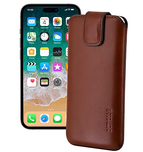 Suncase ECHT Ledertasche Leder Etui *Slim-Edition* kompatibel mit iPhone 14 Pro Max (6.7") Hülle (mit Rückzugsfunktion und Magnetverschluss) in Rustik-Mocca braun von Suncase