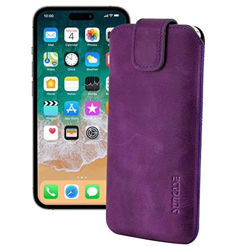 Suncase ECHT Ledertasche Leder Etui *Slim-Edition* kompatibel mit iPhone 14 Pro Max (6.7") Hülle (mit Rückzugsfunktion und Magnetverschluss) in antik-lila von Suncase