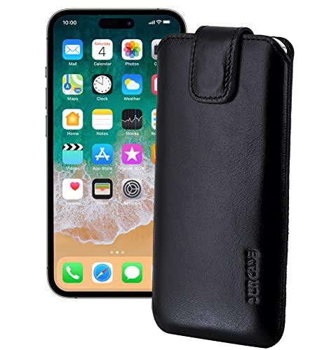 Suncase ECHT Ledertasche Leder Etui *Slim-Edition* kompatibel mit iPhone 14 Pro Max (6.7") Hülle (mit Rückzugsfunktion und Magnetverschluss) in schwarz von Suncase