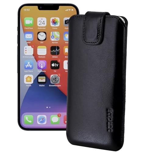 Suncase ECHT Ledertasche Leder Etui *Slim-Edition* kompatibel mit iPhone 15 Plus (6,7 Zoll) Hülle (mit Rückzugsfunktion und Magnetverschluss) in schwarz von Suncase