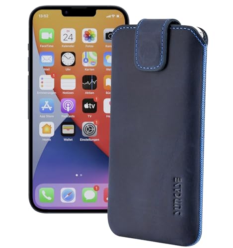 Suncase ECHT Ledertasche Leder Etui *Slim-Edition* kompatibel mit iPhone 15 Pro Max (6,7 Zoll) Hülle (mit Rückzugsfunktion und Magnetverschluss) in Pebble-Blue von Suncase