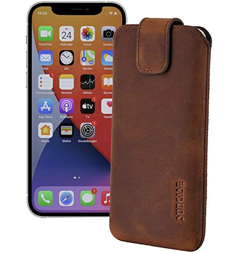 Suncase ECHT Ledertasche Leder Etui *Slim-Edition* kompatibel mit iPhone 15 Pro Max (6,7 Zoll) Hülle (mit Rückzugsfunktion und Magnetverschluss) in antik-Coffee von Suncase