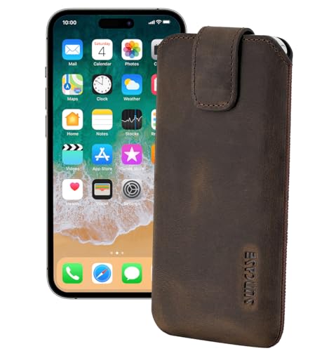 Suncase ECHT Ledertasche Leder Etui *Slim-Edition* kompatibel mit iPhone 16 Pro Max (6,9 Zoll) Hülle (mit Rückzugsfunktion und Magnetverschluss) in antik-dunkel braun von Suncase