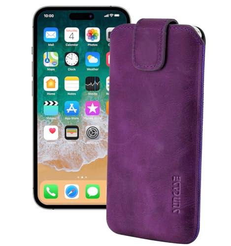 Suncase ECHT Ledertasche Leder Etui *Slim-Edition* kompatibel mit iPhone 16 Pro Max (6,9 Zoll) Hülle (mit Rückzugsfunktion und Magnetverschluss) in antik-lila von Suncase