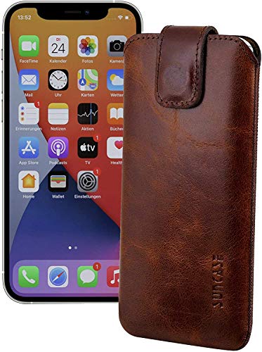 Suncase ECHT Ledertasche Leder Etui Tasche kompatibel mit iPhone 12 Mini (5.4") Hülle (mit Rückzugsfunktion und Magnetverschluss) Rustik-Tabak braun von Suncase