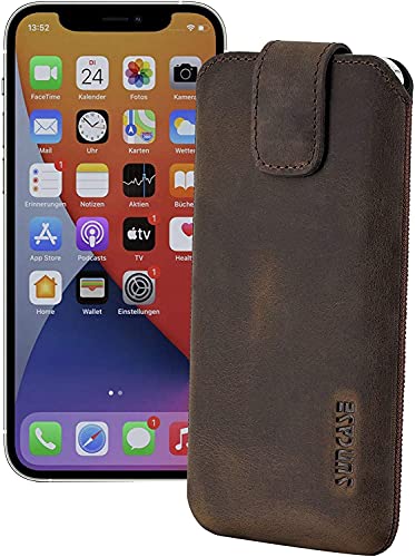 Suncase ECHT Ledertasche Leder Etui Tasche kompatibel mit iPhone 13 Mini (5.4") Hülle (mit Rückzugsfunktion und Magnetverschluss) antik-Dunkelbraun von Suncase