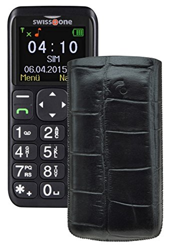 Suncase ECHT Ledertasche Leder Etui für Swisstone BBM 410 Tasche (Lasche mit Rückzugfunktion) in Croco-schwarz von Suncase