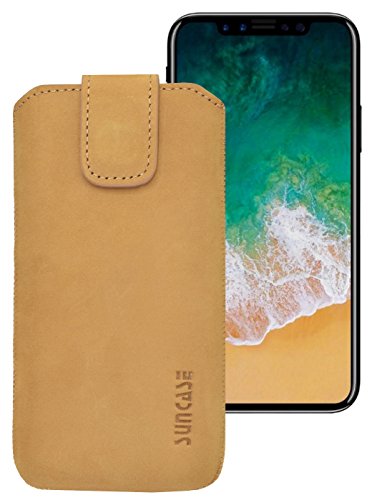 Suncase ECHT Ledertasche Leder Etui für iPhone XS - iPhone X Tasche (mit Rückzugsfunktion und Klettverschluss) antik-Camel von Suncase