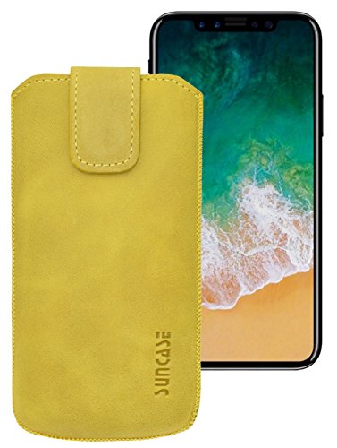 Suncase ECHT Ledertasche Leder Etui für iPhone XS - iPhone X Tasche (mit Rückzugsfunktion und Klettverschluss) antik-senfgelb von Suncase