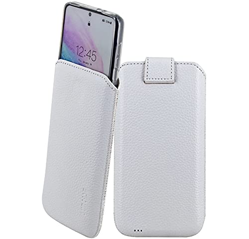 Suncase ECHT Ledertasche Leder Etui kompatibel mit Oppo A79 5G Hülle Innenmaße: ca. 164 x 78 x 14 mm (passend nur mit Silikon/Case/Bumper) in vollnarbig-Weiss von Suncase