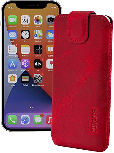 Suncase ECHT Ledertasche Leder Etui kompatibel mit iPhone 12 (6.1") Hülle (mit Rückzugsfunktion und Magnetverschluss) antik rot von Suncase