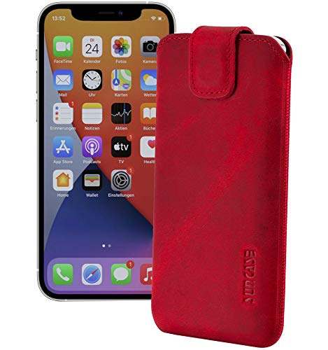 Suncase ECHT Ledertasche Leder Etui kompatibel mit iPhone 12 Pro (6.1") (mit Rückzugsfunktion und Magnetverschluss) antik rot von Suncase