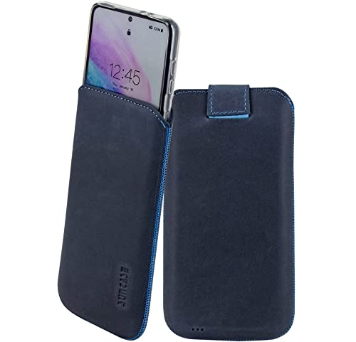 Suncase ECHT Ledertasche Leder Etui kompatibel mit iPhone 15 (6.1") (passend nur mit iPhone 15 Silikon Case) in Pebble-Blue von Suncase