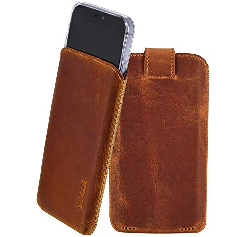 Suncase ECHT Ledertasche Leder Etui kompatibel mit iPhone 15 Pro (6.1") (passend nur mit iPhone 15 Pro Silikon Case) in antik-Cognac von Suncase