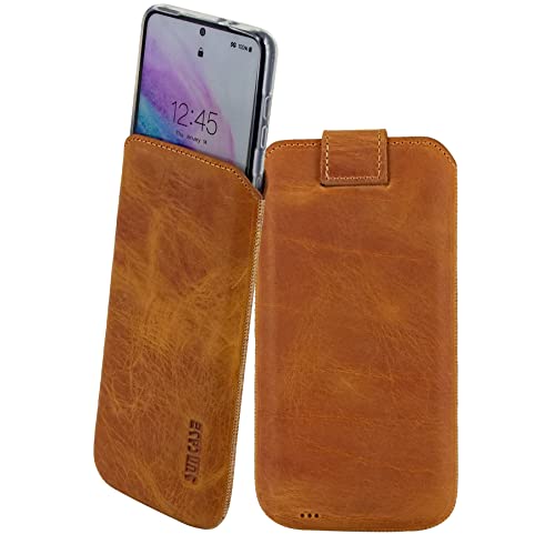 Suncase ECHT Ledertasche Leder Etui kompatibel mit iPhone 15 Pro (6.1") (passend nur mit iPhone 15 Pro Silikon Case) in antik-Cognac von Suncase