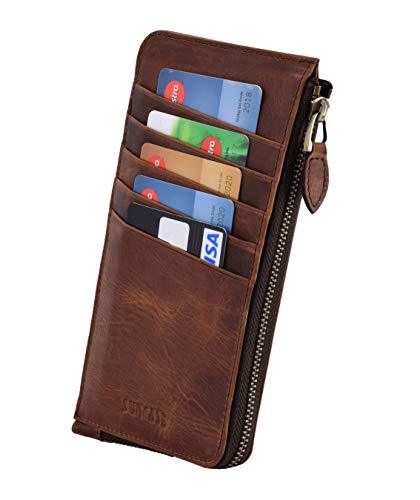 Suncase Echt Leder Hülle Original kompatibel mit iPhone 12 Pro Max (6.7") Handytasche Schutzhülle Case Etui Lederetui mit 5X Kartenfächer und Reißverschluss in Antik Coffee von Suncase