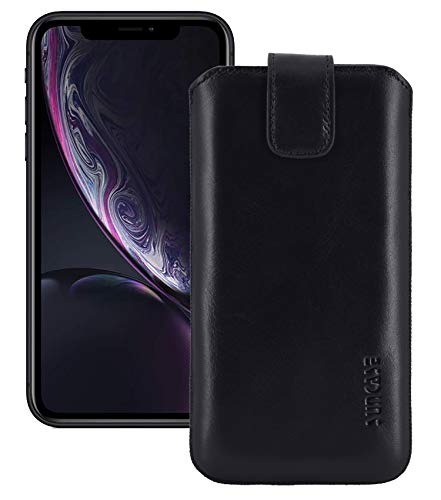Suncase Echt Leder Tasche für iPhone XR mit ZUSÄTZLICHER Transparent Hülle | Schale | Silikon Bumper Handytasche (mit Rückzugsfunktion und Magnetverschluss) in Schwarz von Suncase