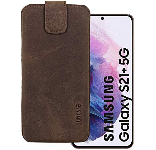 Suncase Echt Ledertasche kompatibel mit Samsung Galaxy S21 Plus Tasche *Slim-Edition* Leder Etui (mit Rückzugsfunktion und Magnetverschluss) in antik dunkel braun von Suncase