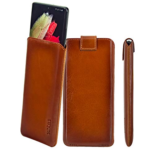 Suncase Echt Ledertasche kompatibel mit Samsung Galaxy S23 FE 5G Tasche *Slim-Edition* Leder Etui (mit Rückzugsfunktion und Magnetverschluss) in Burned Cognac von Suncase