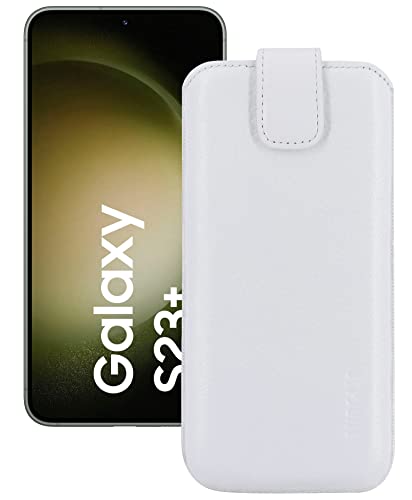 Suncase Echt Ledertasche kompatibel mit Samsung Galaxy S23 Plus 5G Tasche *Slim-Edition* Leder Etui (mit Rückzugsfunktion und Magnetverschluss) in Weiss von Suncase