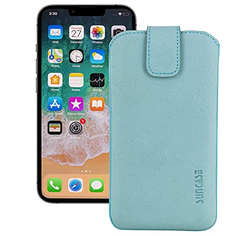 Suncase Etui Tasche kompatibel mit Apple iPhone 13 Mini (5.4") mit ZUSÄTZLICHER Hülle/Schale/Bumper/Silikon *Lasche mit Rückzugfunktion* Handytasche Ledertasche Schutzhülle Case in antik-türkis von Suncase