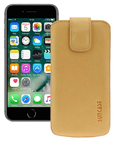 Suncase Etui Tasche kompatibel mit Apple iPhone SE 2 (2020) mit ZUSÄTZLICHER Hülle/Schale/Bumper/Silikon *Lasche mit Rückzugfunktion* Handytasche Ledertasche Schutzhülle Case in antik-Camel von Suncase