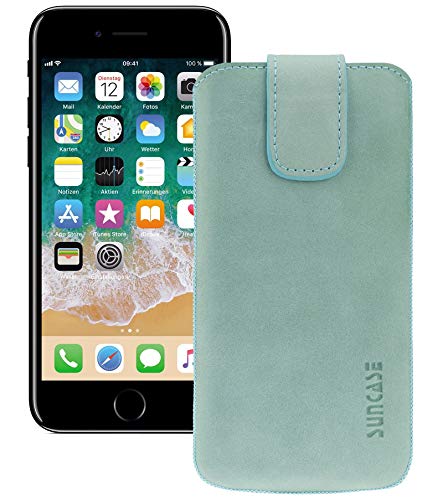 Suncase Etui Tasche kompatibel mit Apple iPhone SE 3 (2022) mit ZUSÄTZLICHER Hülle/Schale/Bumper/Silikon *Lasche mit Rückzugfunktion* Handytasche Ledertasche Schutzhülle Case in antik-türkis von Suncase