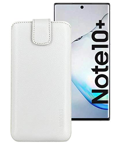 Suncase Etui Tasche kompatibel mit Samsung Galaxy Note 10 Plus mit ZUSÄTZLICHER Hülle/Schale/Bumper Lasche mit Rückzugfunktion Ledertasche Schutzhülle Case in vollnarbig-Weiss von Suncase