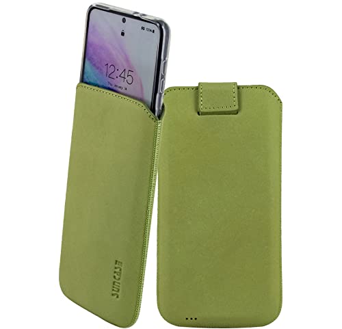 Suncase Etui Tasche kompatibel mit Samsung Galaxy S24 Plus 5G Hülle mit ZUSÄTZLICHER Case/Schale/Bumper Lasche mit Rückzugfunktion Handytasche Ledertasche Schutzhülle in antik-Kiwi grün von Suncase