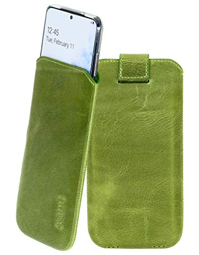 Suncase Etui Tasche kompatibel mit Sony Xperia 5 III 3 (2021) Hülle mit ZUSÄTZLICHER Case/Schale/Bumper Lasche mit Rückzugfunktion Handytasche Ledertasche Schutzhülle in antik-Kiwi grün von Suncase