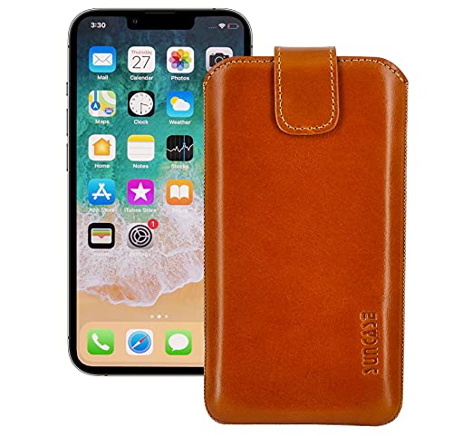 Suncase Etui Tasche kompatibel mit iPhone 13 Pro Max (6.7") Hülle mit ZUSÄTZLICHER Case/Schale/Bumper Lasche mit Rückzugfunktion Handytasche Ledertasche Schutzhülle in Cognac von Suncase