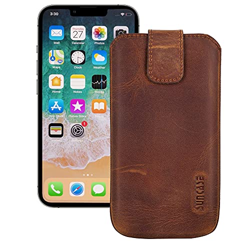 Suncase Etui Tasche kompatibel mit iPhone 14 Pro Max (6.7") Hülle mit ZUSÄTZLICHER Case/Schale/Bumper Lasche mit Rückzugfunktion Handytasche Ledertasche Schutzhülle in antik-Coffee von Suncase